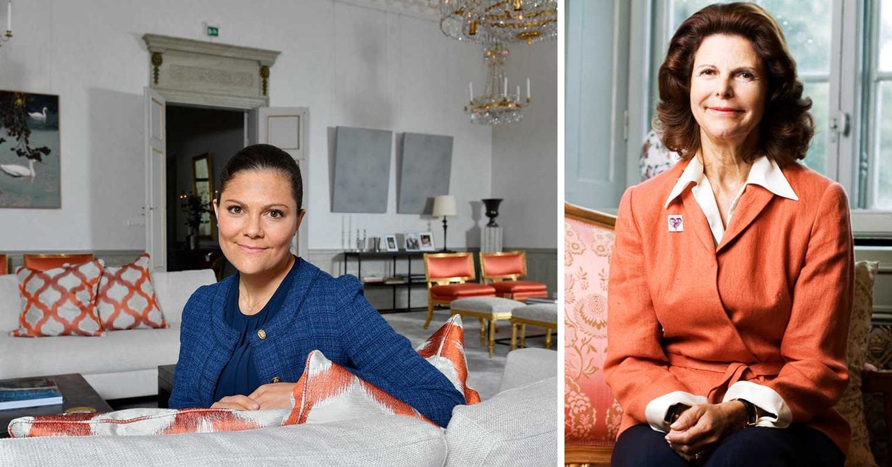 Kronprinsessan Victoria i sitt vardagsrum. Drottning Silvia i en soffa.